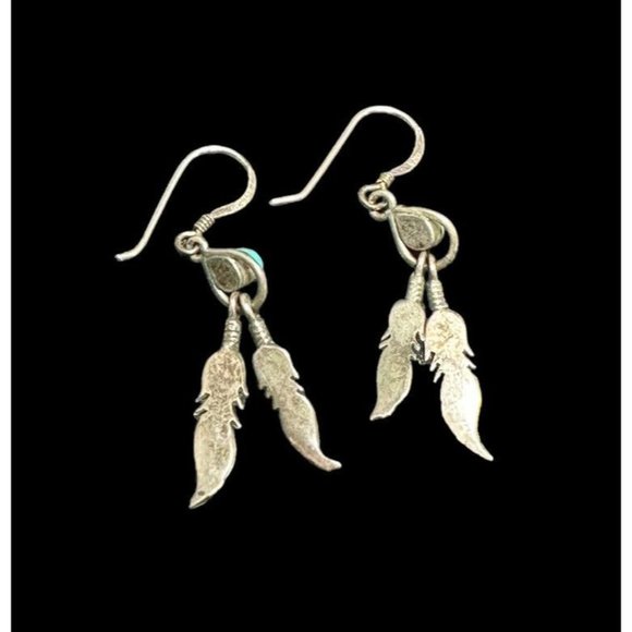 Sterling Silver and Turquoise VTG Southwestern Two Feather Earrings Dangle Hook - Picture 3 of 5
